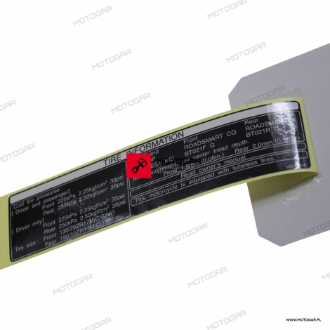Naklejka informacyjna, opony Honda NSA700 DN-01 [OEM: 87505MEH630]